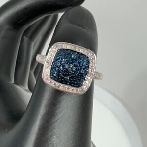 Blue Diamond Cluster Ring Size 7.5 Fancy Cushion Cut Diamond Accent Square SUN
